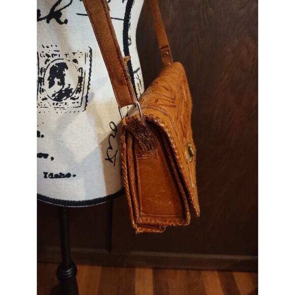 Vintage Large Leather Hand Tooled Brown Shoulder Bag Purse Tri fold Organizer - Picture 5 of 16